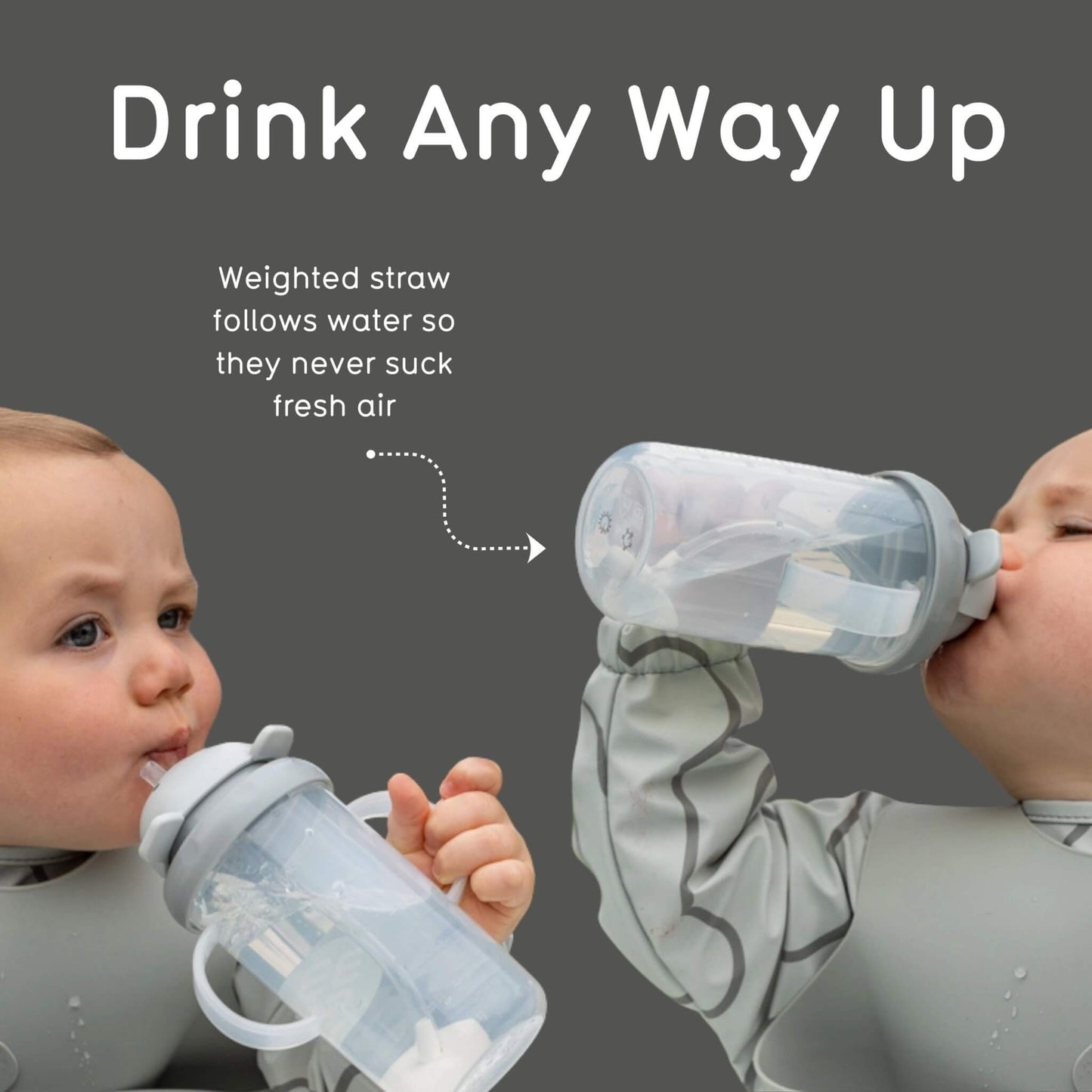 Two toddlers drinking at different angles as the weighted straw follows the water.
