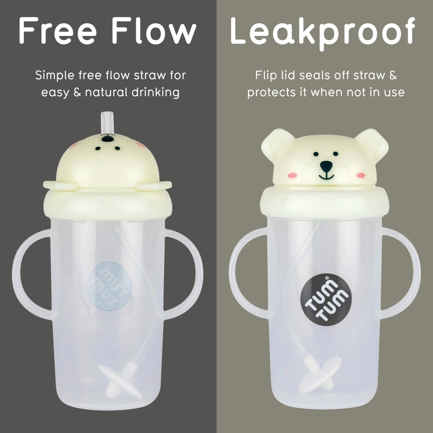 A polar bear cup shown open for free-flow drinking and closed to protect the straw.