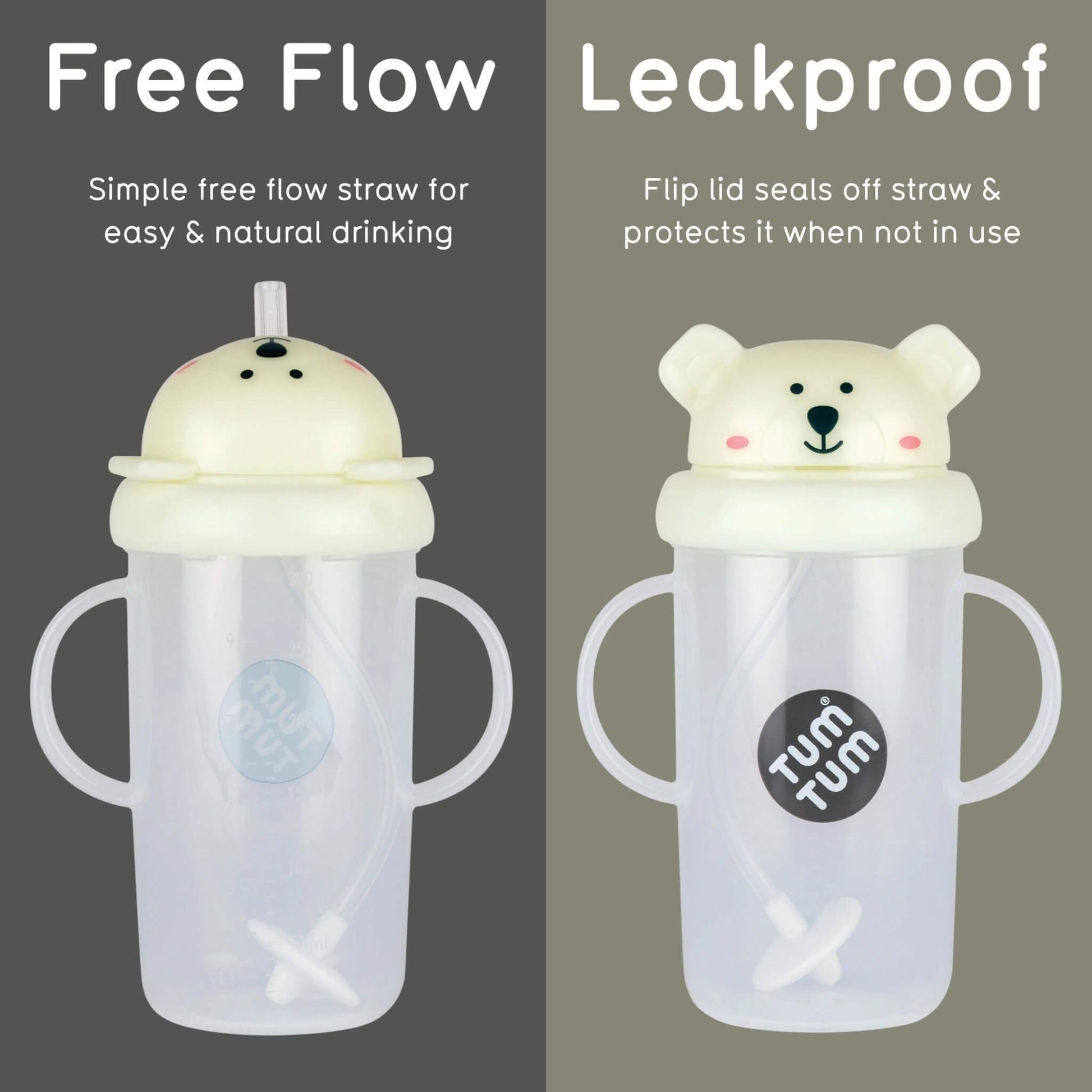 A polar bear cup shown open for free-flow drinking and closed to protect the straw.