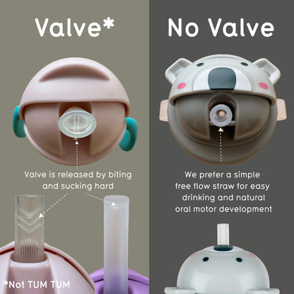 A side-by-side comparison graphic for a child's drinking cup lid, labelled 'Valve*' on the left and 'No Valve*' on the right. The left panel shows a pale pink lid with a clear valve and teal side accents, with text explaining that the valve is released by biting and sucking hard.