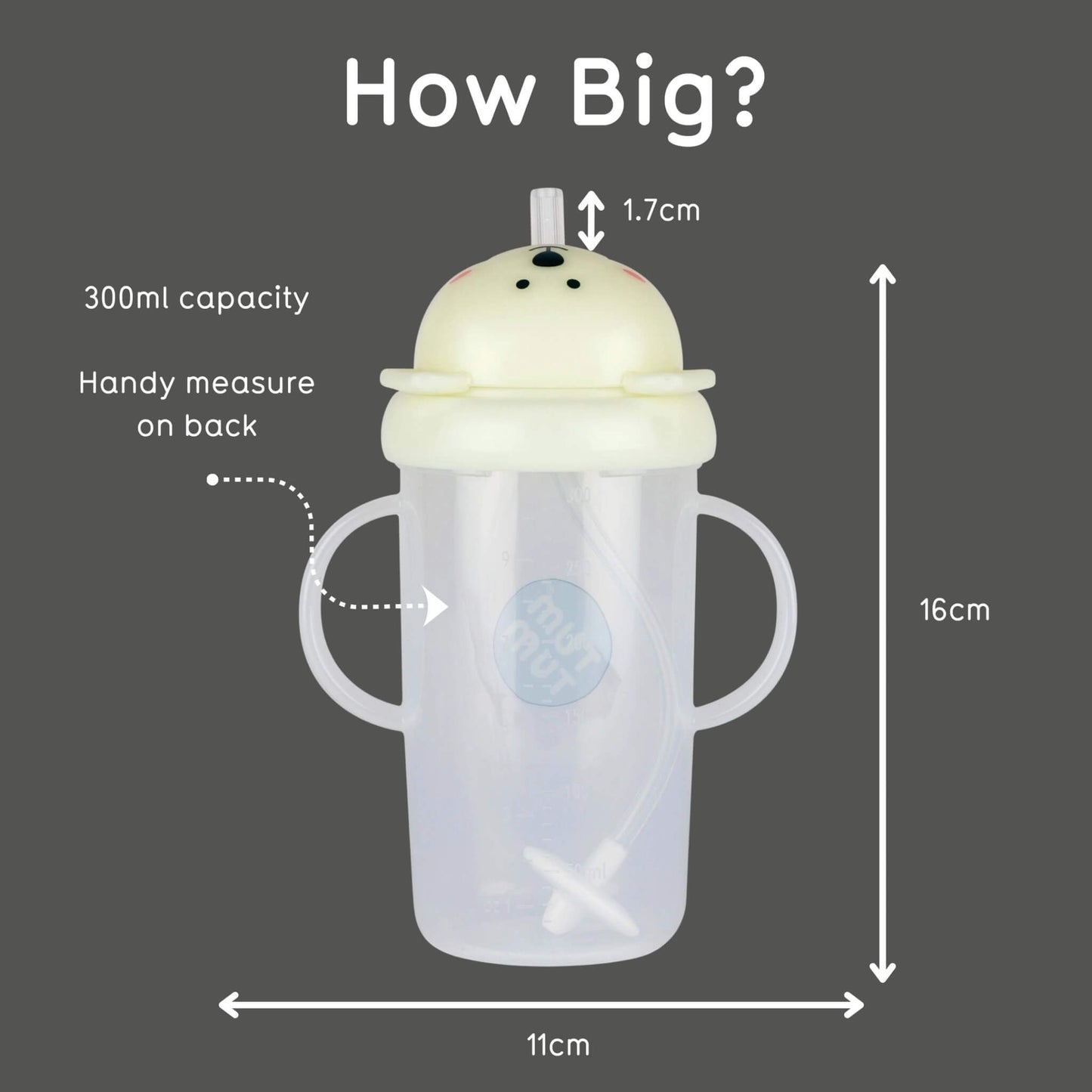 A polar bear cup showing its 300ml capacity, measurement markings and dimensions.
