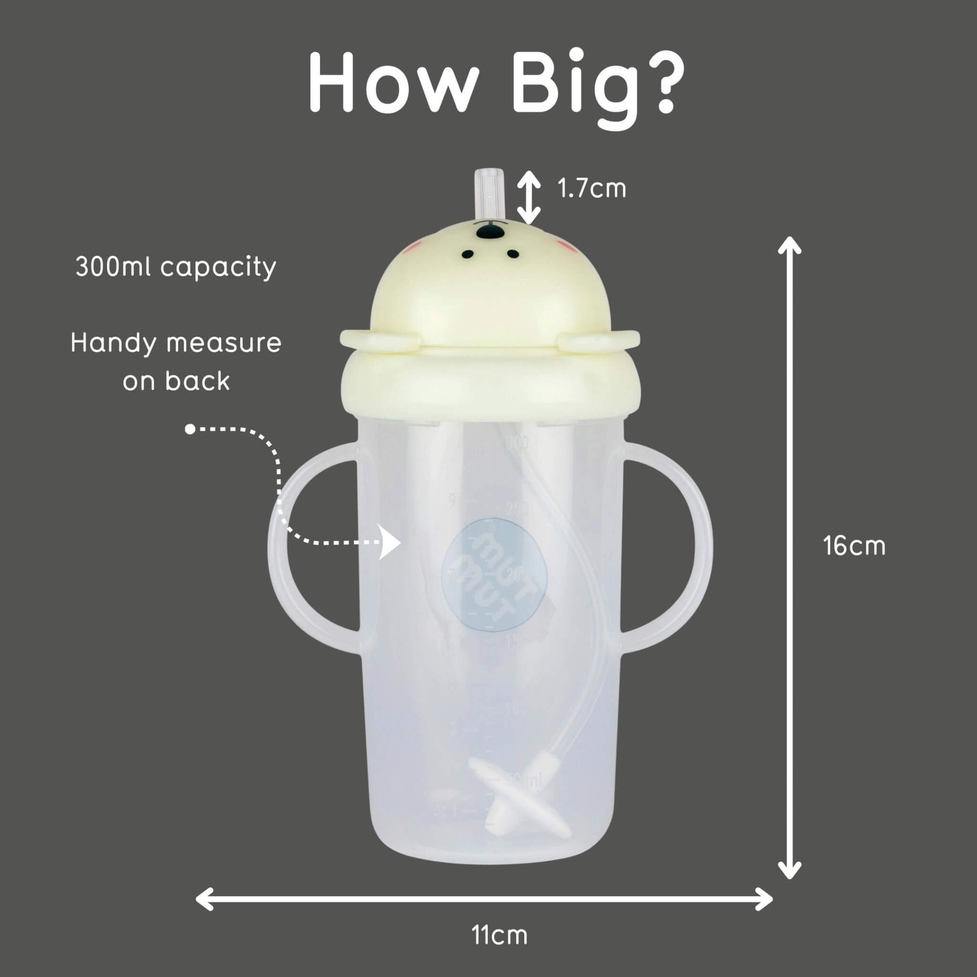 A polar bear cup showing its 300ml capacity, measurement markings and dimensions.