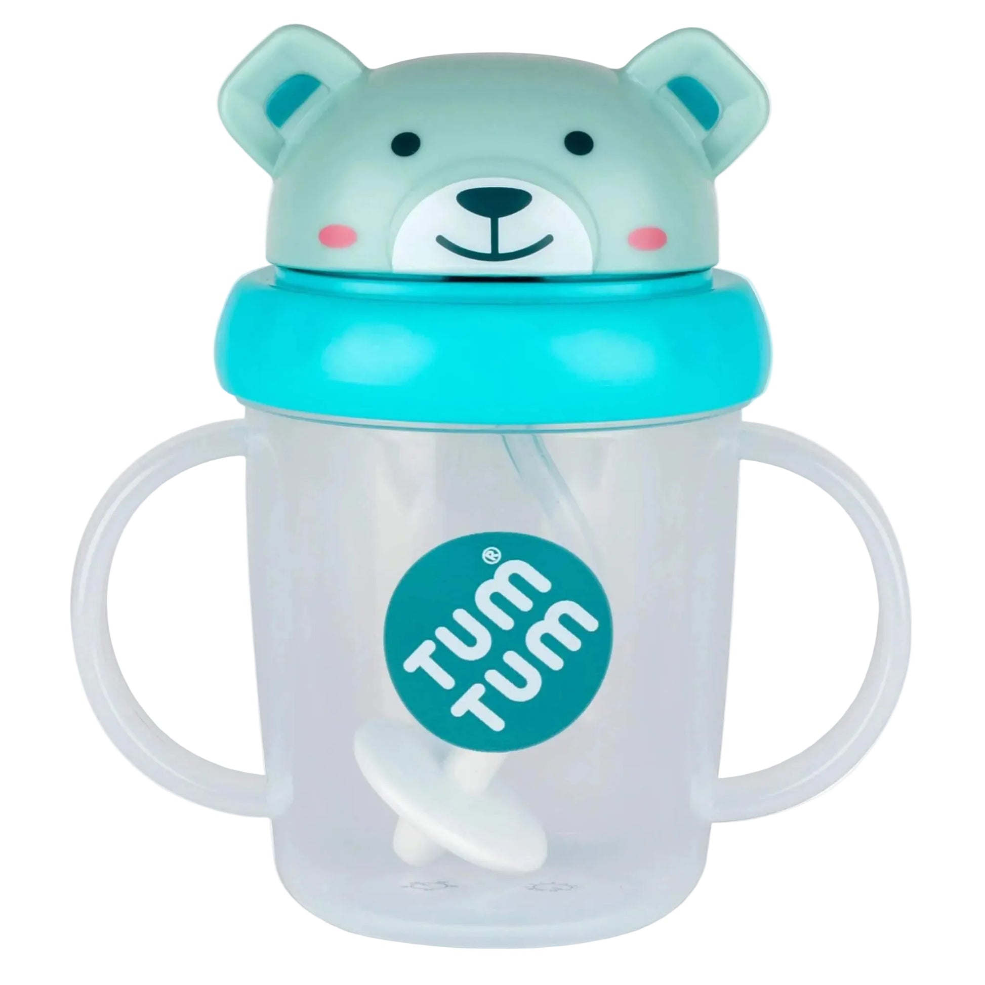 TUM TUM Tippy Up Cup (Boris Bear) with twin side handles, a clear graduated cup body and a blue bear-shaped flip-top lid, showing a weighted straw inside designed to follow liquid as the cup tilts.