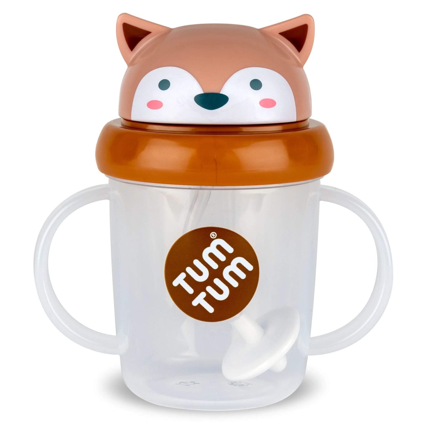 TUM TUM Tippy Up Cup (Fergus Fox) with weighted straw, clear cup body, twin handles and brown fox character lid.