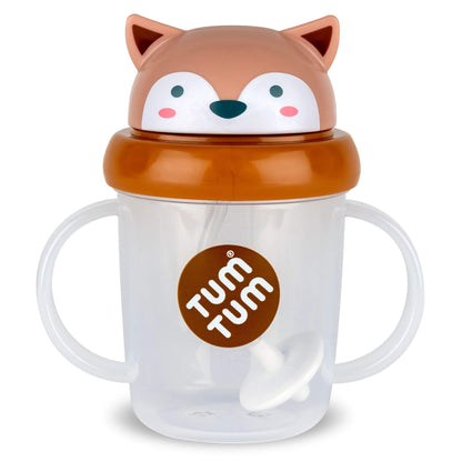 TUM TUM Tippy Up Cup (Fergus Fox) with weighted straw, clear cup body, twin handles and brown fox character lid.