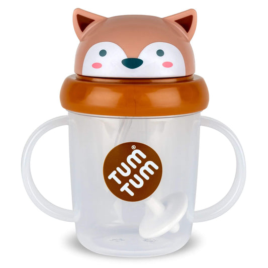 TUM TUM Tippy Up Cup (Fergus Fox) with weighted straw, clear cup body, twin handles and brown fox character lid.