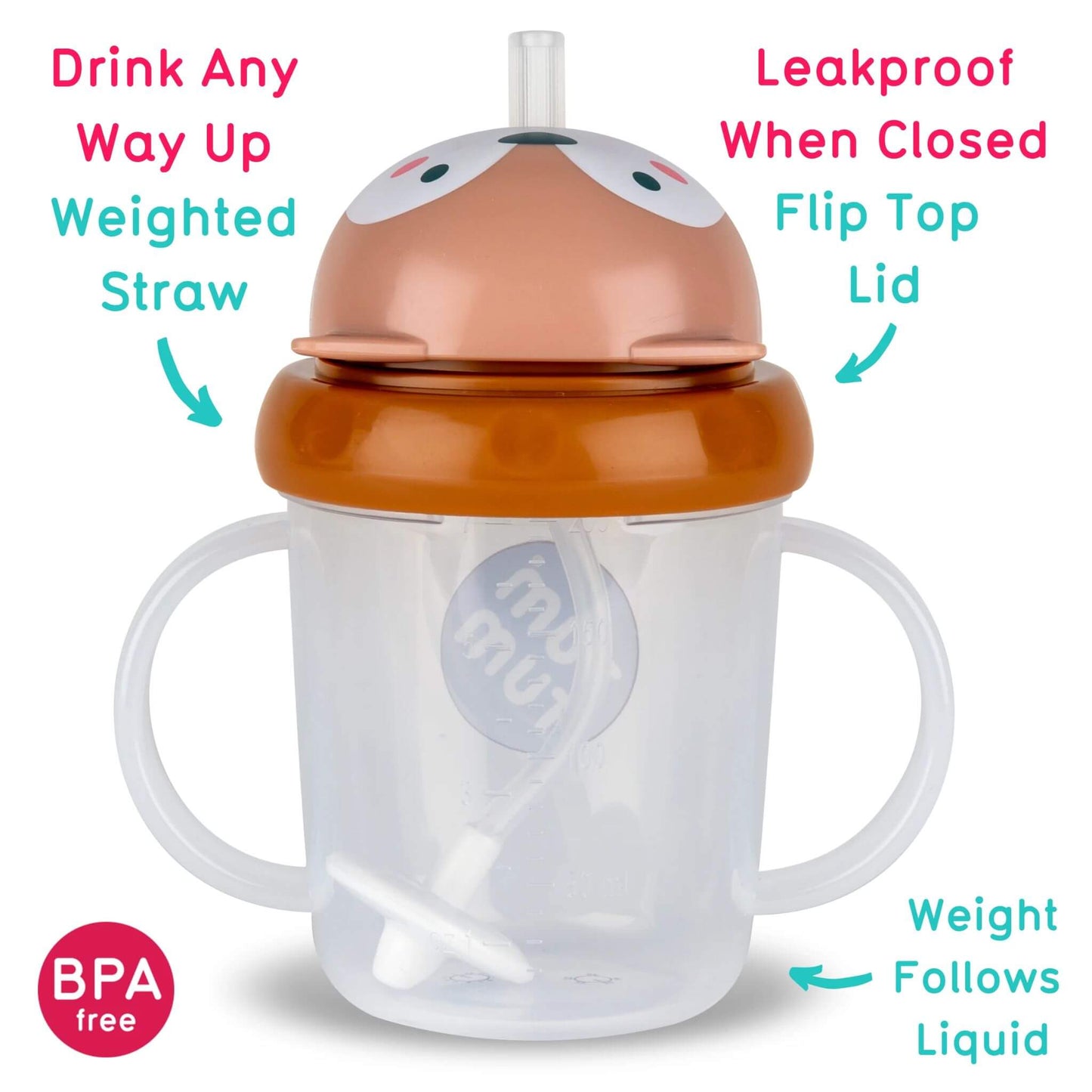 Annotated image of a clear handled straw sippy cup with a brown lid and fox character top, showing red text reading “Handy Measure On Side” with an arrow pointing to raised volume markings on a clear cup.