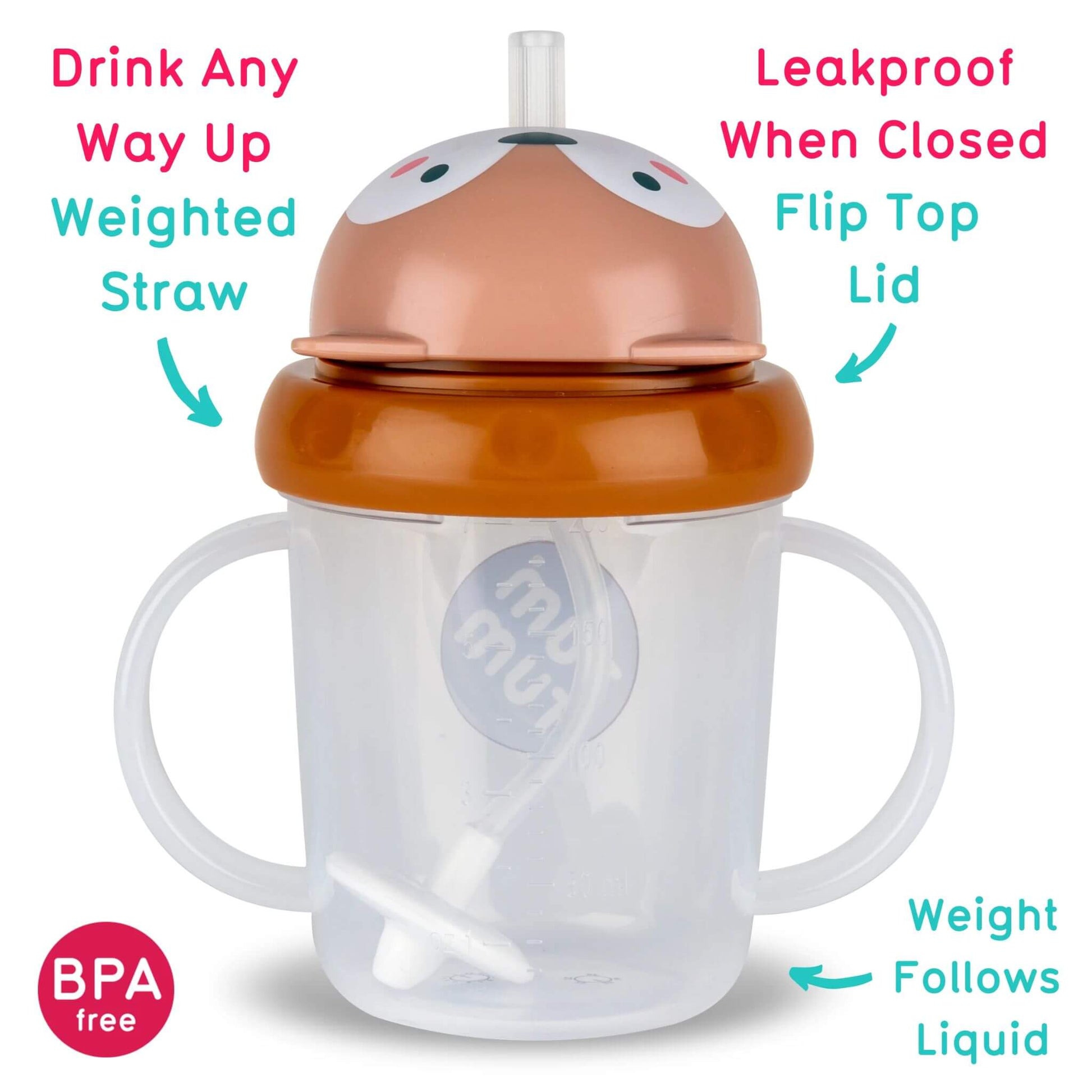 Annotated image of a clear handled straw sippy cup with a brown lid and fox character top, showing red text reading “Handy Measure On Side” with an arrow pointing to raised volume markings on a clear cup.