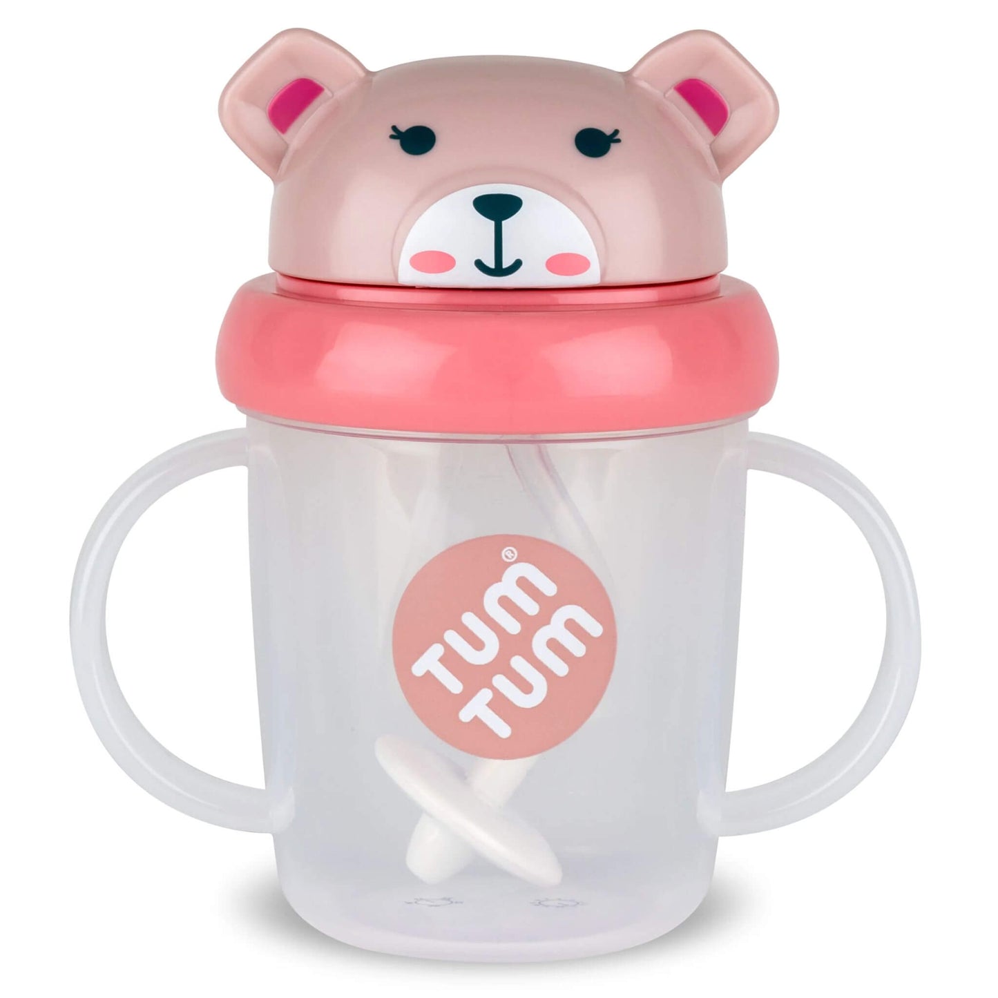 TUM TUM Tippy Up Cup (Betsy Bear) with twin handles, a clear cup body and a pink bear-shaped flip-top lid with a weighted straw visible inside.