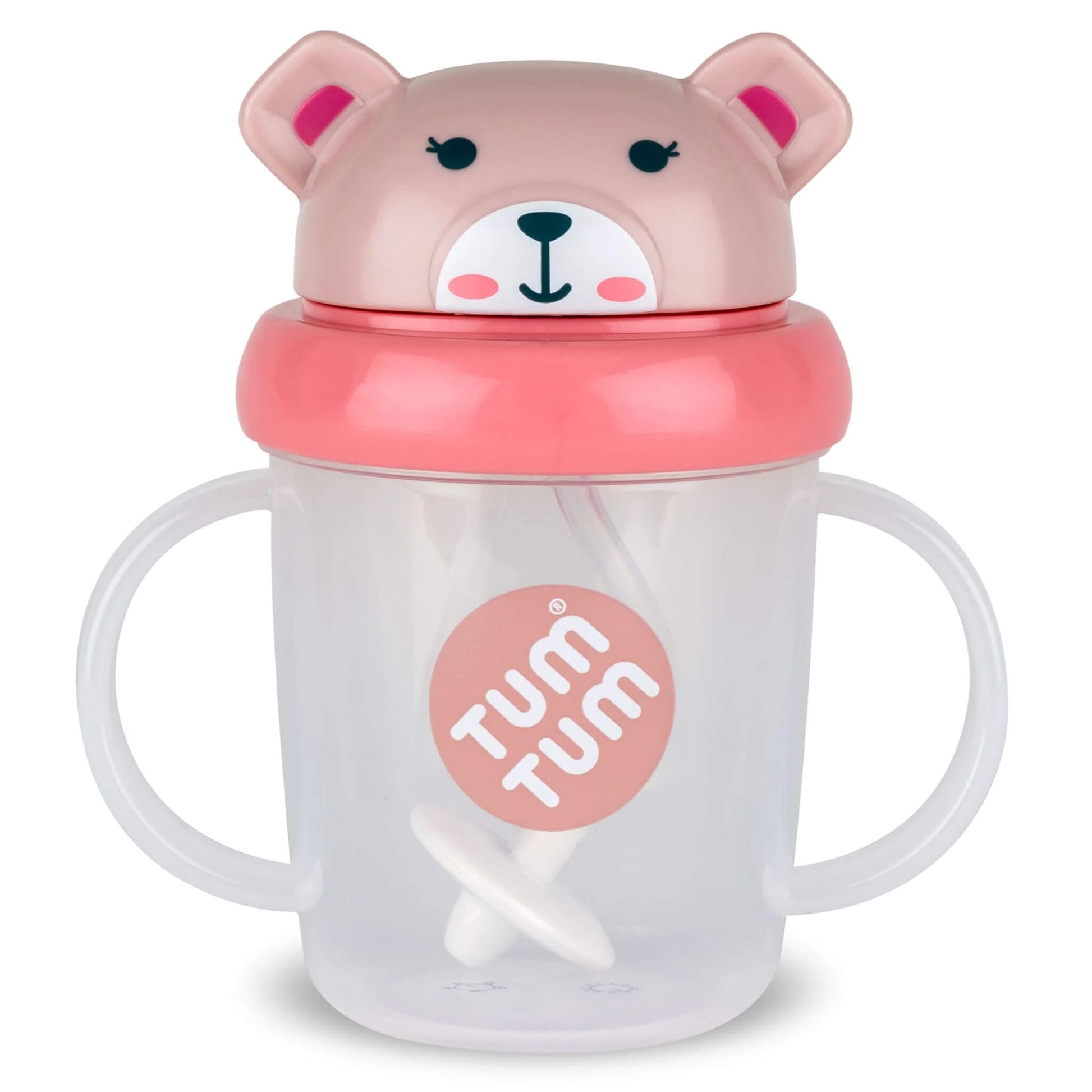 TUM TUM Tippy Up Cup (Betsy Bear) with twin handles, a clear cup body and a pink bear-shaped flip-top lid with a weighted straw visible inside.