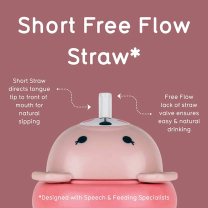 TUM TUM Tippy Up Cup in the pink Betsy Bear design, with two handles, a free-flow straw and weighted base.