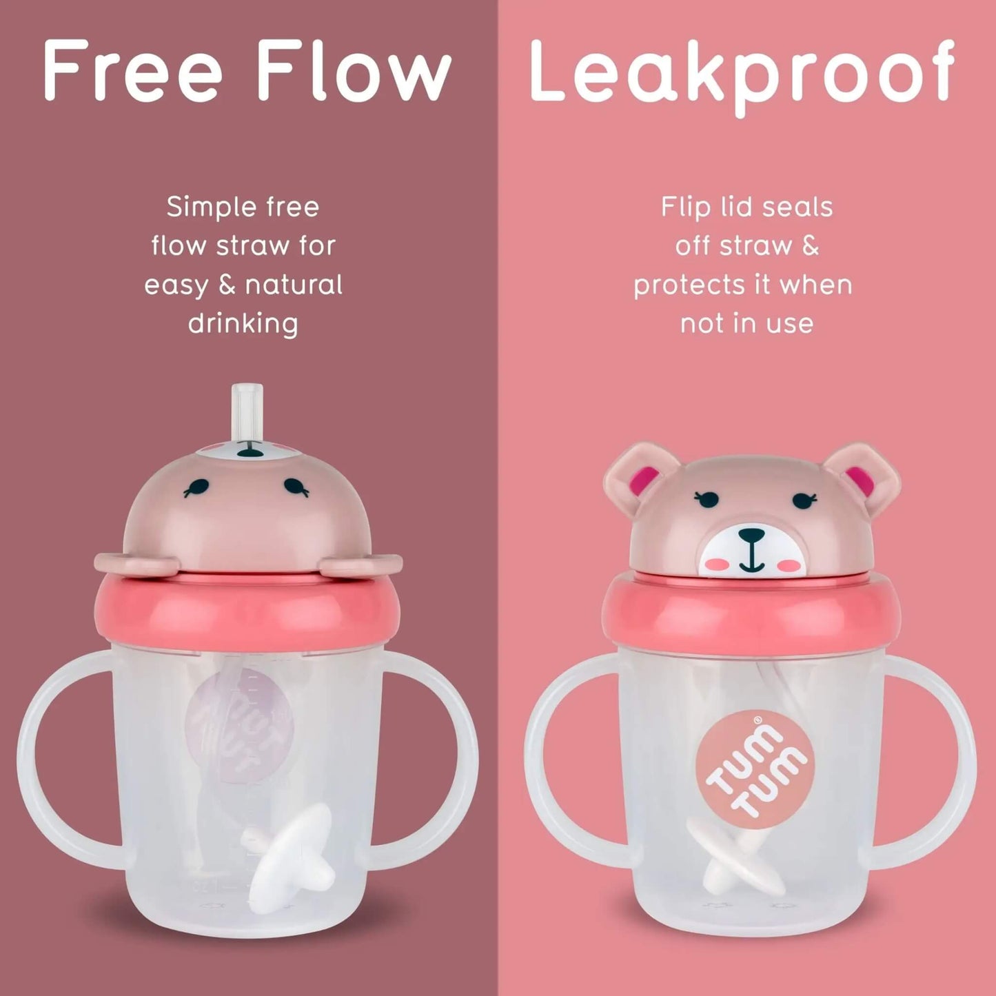 Two clear handled baby cups with pink lids and bear-shaped tops are shown side by side on a pink background. The left cup is labeled 'Free Flow' with a simple free-flow straw, and the right cup is labeled 'Leakproof' with a flip lid that seals the straw when not in use.