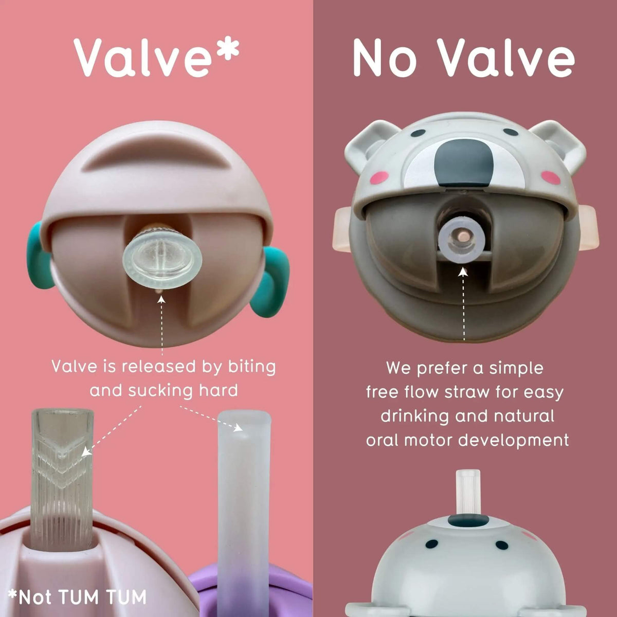 A split comparison graphic for a teething toy or bottle mouthpiece, labeled 'Valve' on the left and 'No Valve' on the right. The left side shows a beige and teal rounded toy with a clear valve and text explaining how the valve is released.