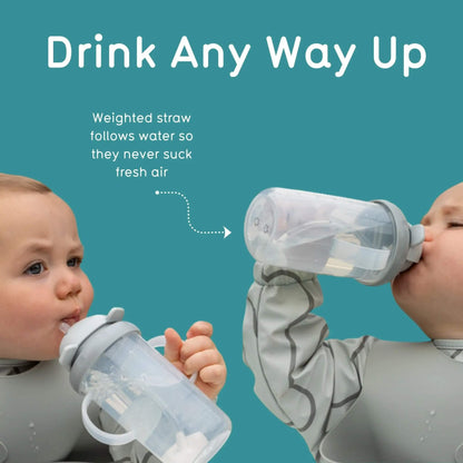 Baby drinking from a sippy cup with text explaining the weighted straw feature on a teal background.