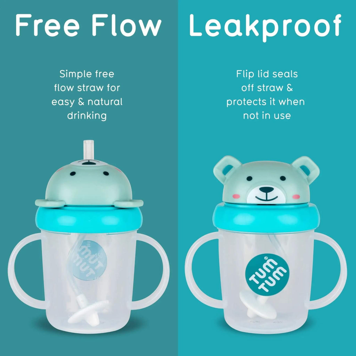 Two Tum Tum sippy cups on a teal background with text comparing free flow and leakproof features. The left cup is mint green and white with a free-flow straw design, and the right cup is a similar color with a bear face lid and leakproof flip lid.