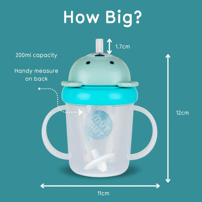 A baby sippy cup with handle and lid shown on a teal background with measurement labels and arrows indicating dimensions: 12 cm tall, 11 cm wide, and 1.7 cm straw opening.