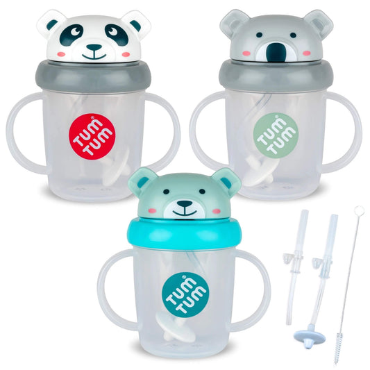 TUM TUM Tippy Up Cups and straw bundle showing three handled sippy cups with animal lids and a replacement straw and brush set.