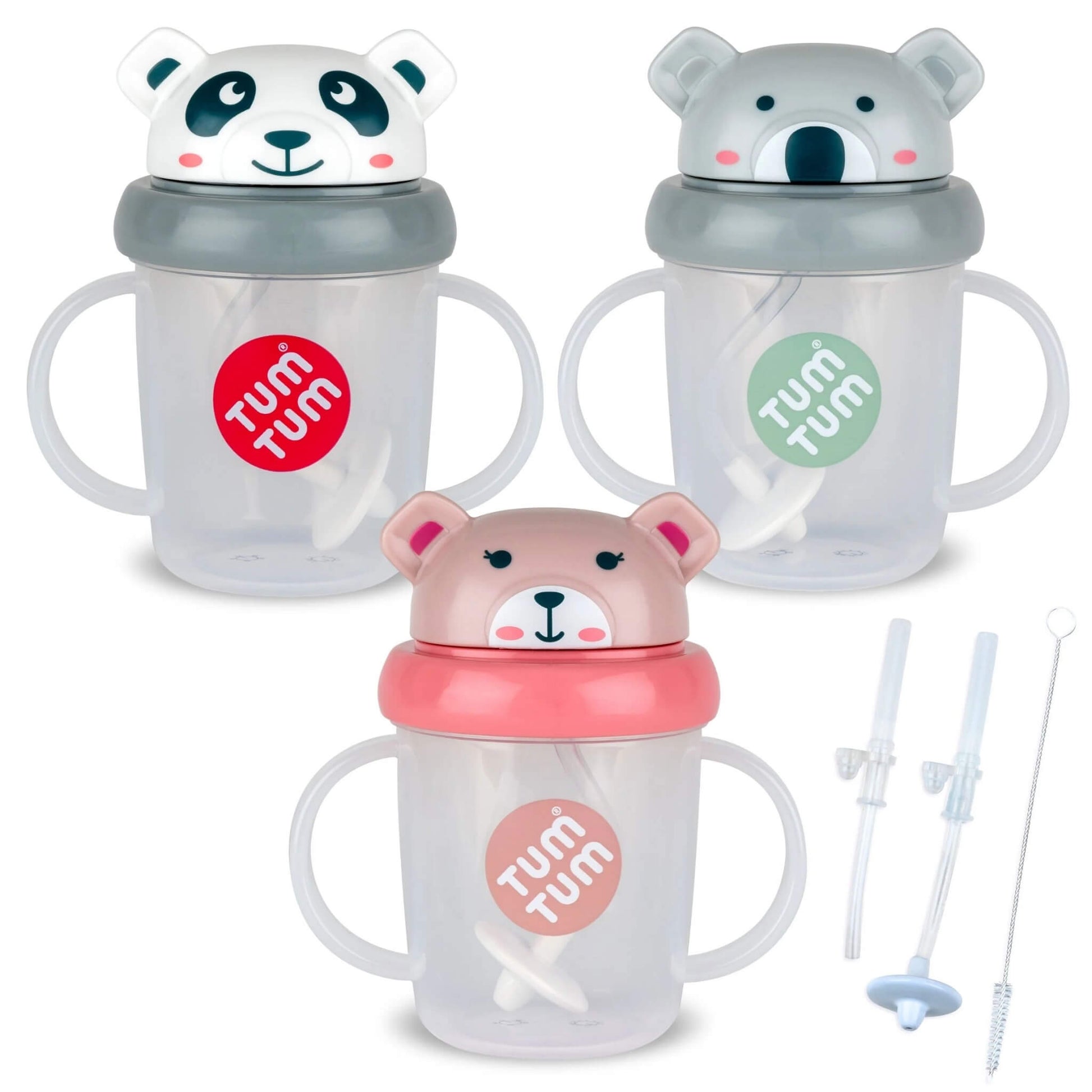 TUM TUM Tippy Up Cup bundle showing three handled sippy cups with animal character lids and a replacement weighted straw and cleaning brush set.