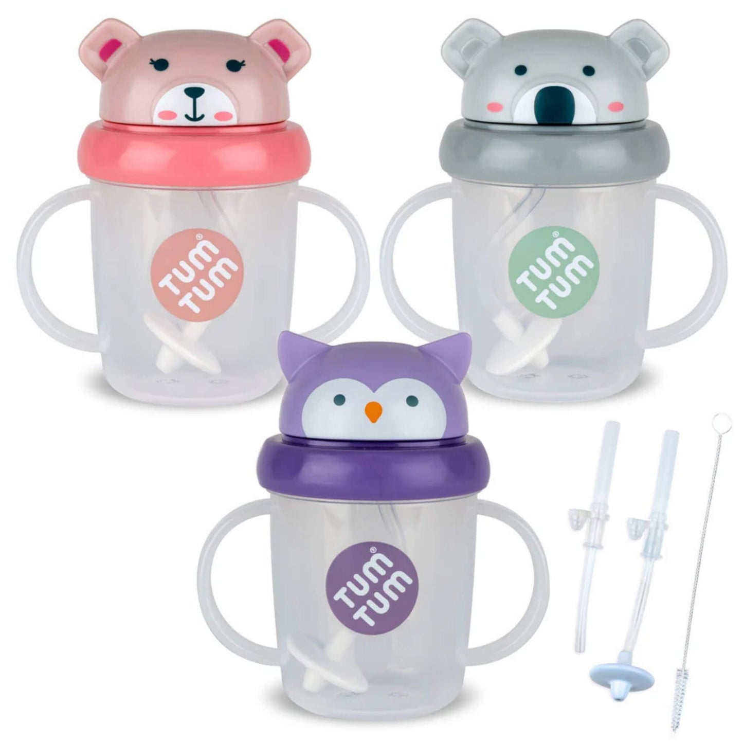 TUM TUM Tippy Up Cup bundle showing three handled sippy cups with animal character lids and a replacement weighted straw and cleaning brush set.