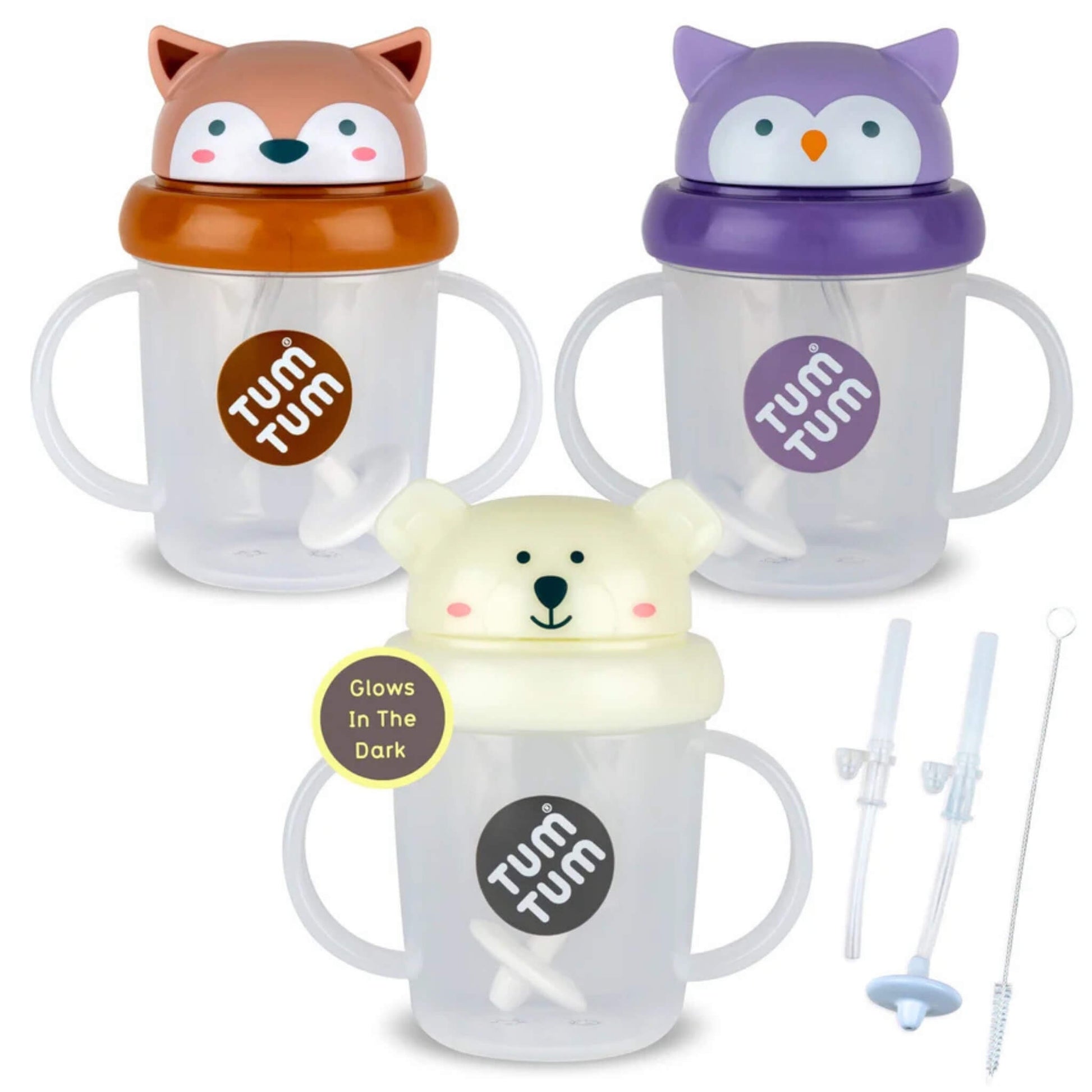 TUM TUM Tippy Up Cup bundle showing three handled sippy cups with animal character lids, including a glow-in-the-dark cup, plus a replacement weighted straw and cleaning brush set.