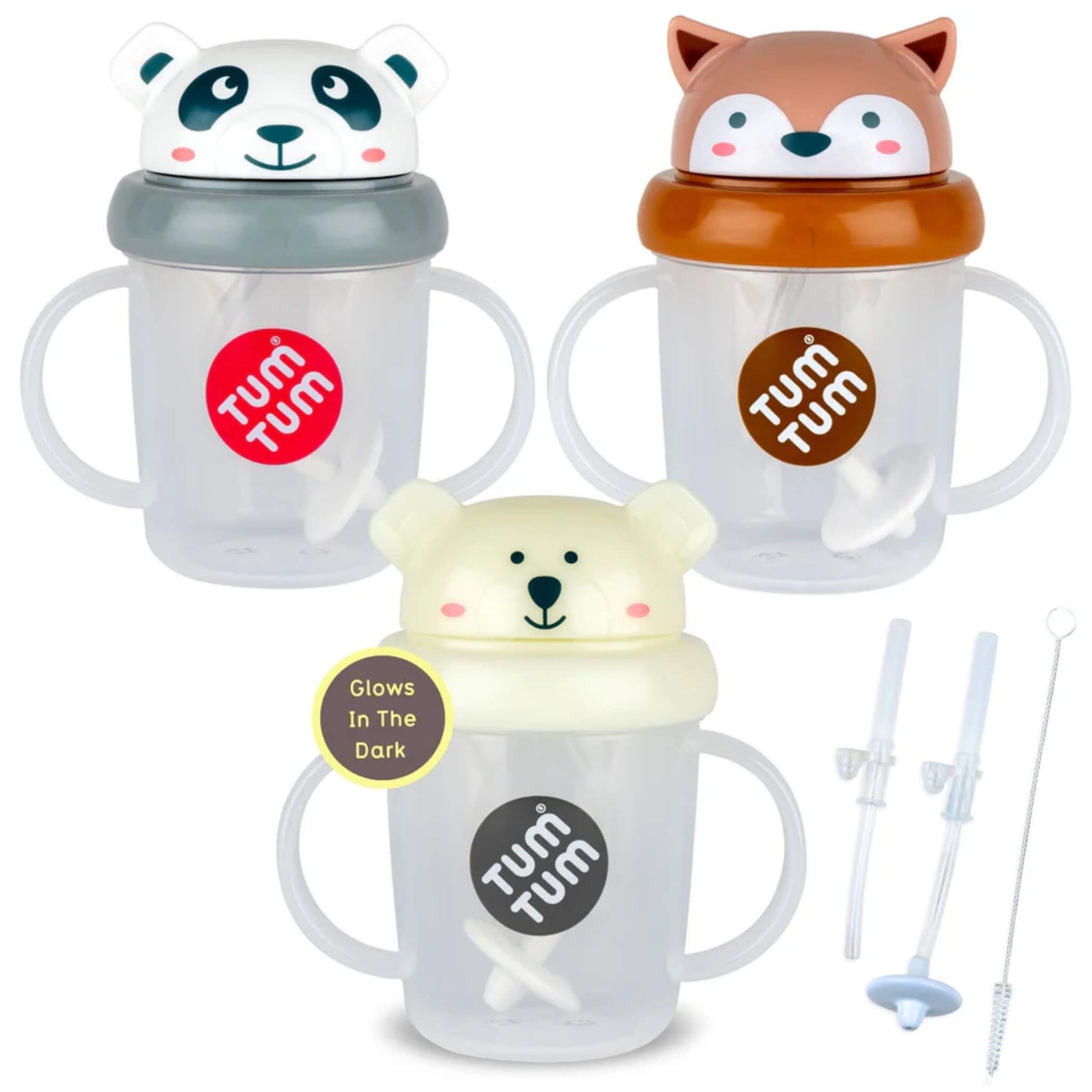 TUM TUM Tippy Up Cup bundle showing three handled sippy cups with animal character lids, including a glow-in-the-dark cup, plus a replacement weighted straw and cleaning brush set.