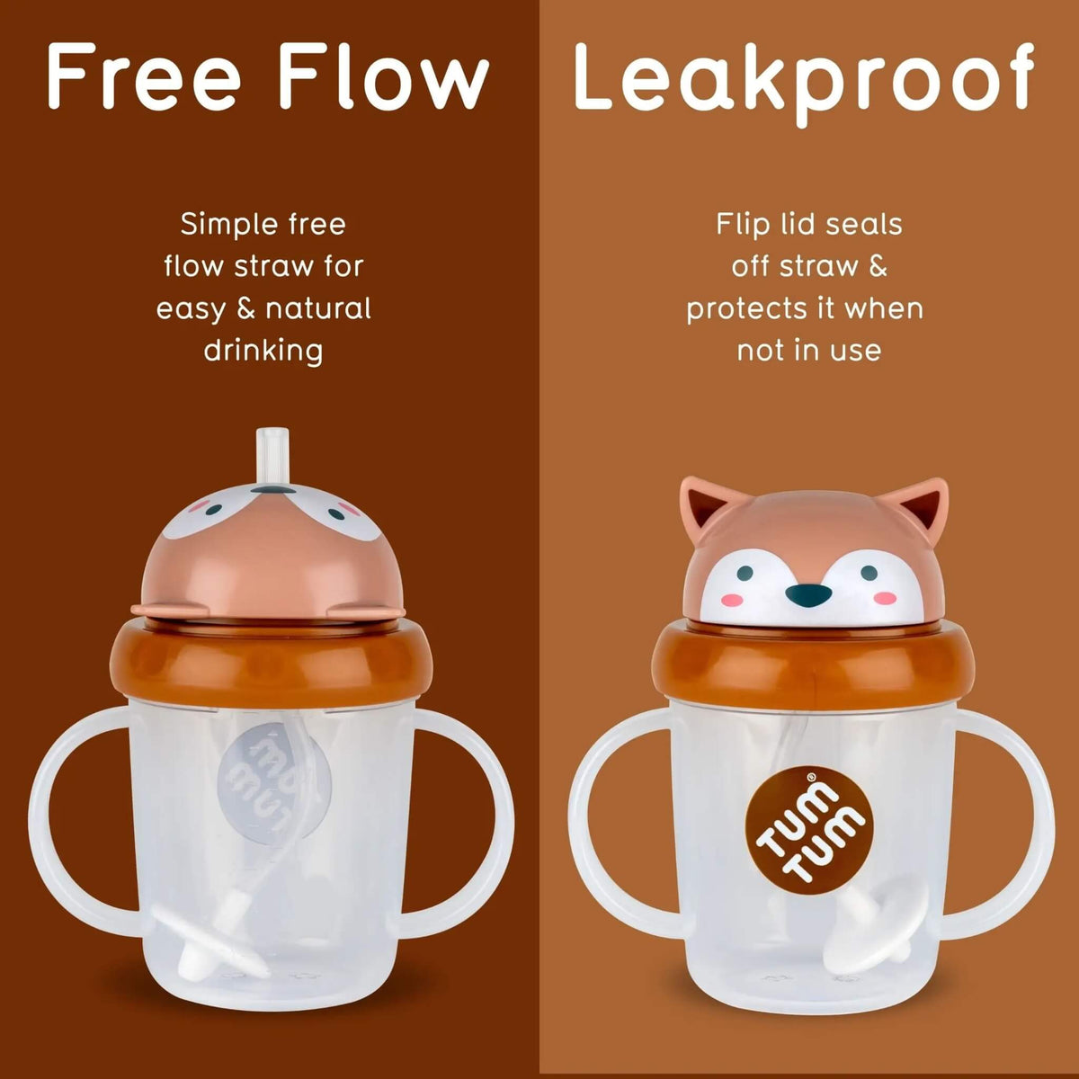 Two sippy cups shown side by side on a brown background, labeled 'Free Flow' and 'Leakproof.' The left cup has a free-flow straw design with a clear body, white handles, and a peach-and-white lid.