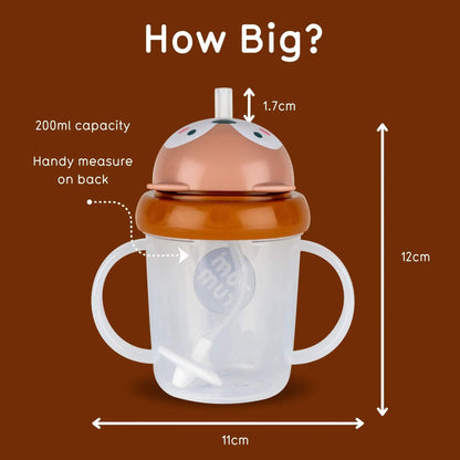 Measurement chart of a children's sippy cup with dimensions and capacity details on a brown background.
