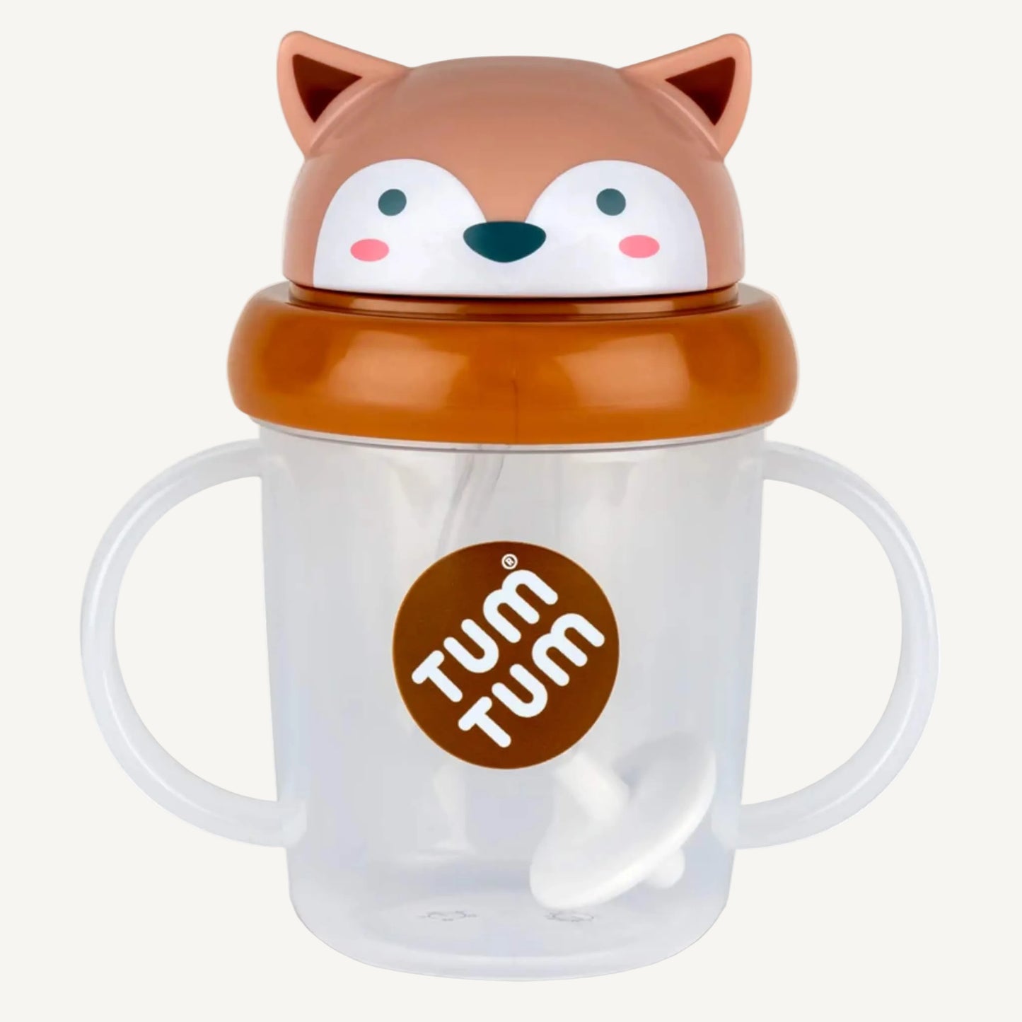 A clear handled sippy cup with a brown flip-top lid, fox character design, and an internal weighted straw visible inside the cup.