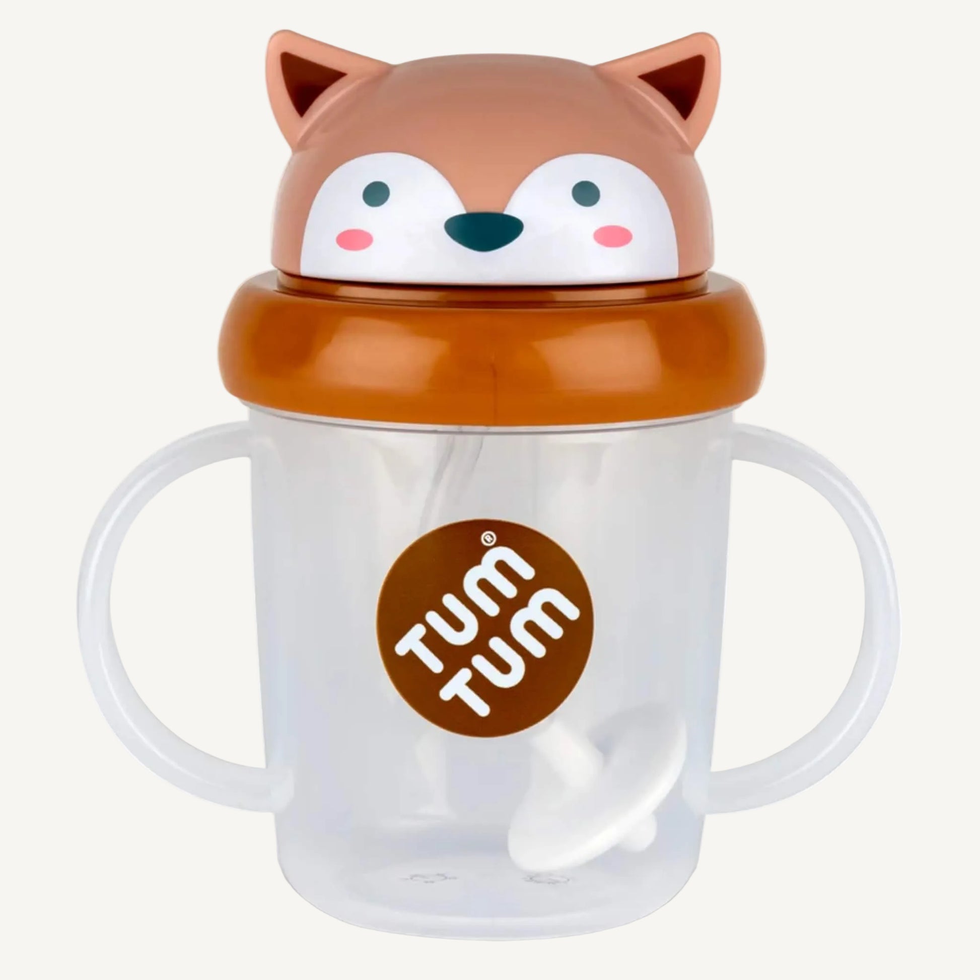 A clear handled sippy cup with a brown flip-top lid, fox character design, and an internal weighted straw visible inside the cup.