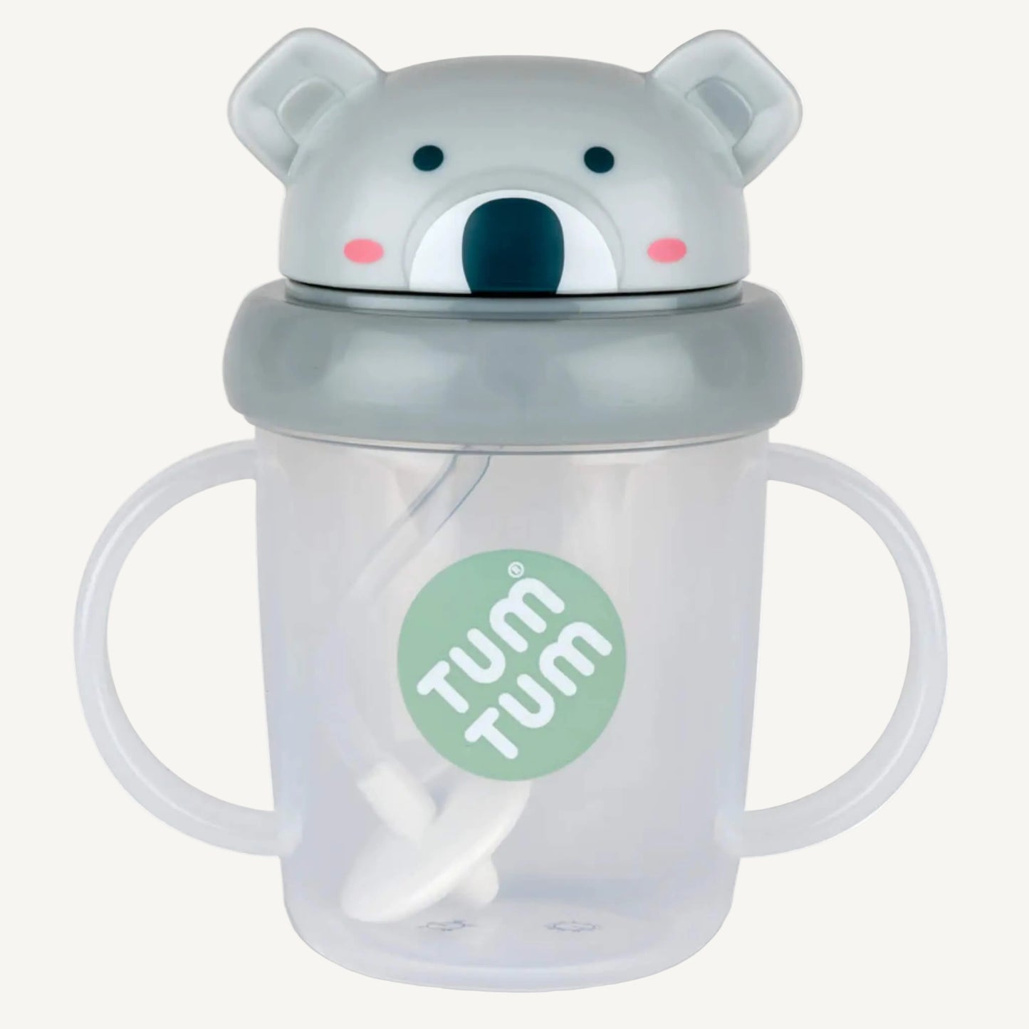 A clear handled sippy cup with a grey flip-top lid, koala character design, and internal weighted straw.