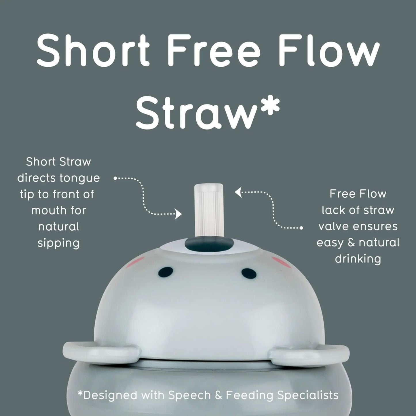 Graphic of a grey koala design sippy cup lid with text explaining 'Short Free Flow Straw' on a grey background