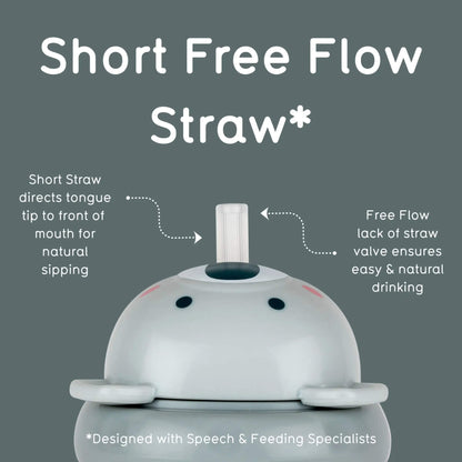 Graphic of a grey koala design sippy cup lid with text explaining 'Short Free Flow Straw' on a grey background