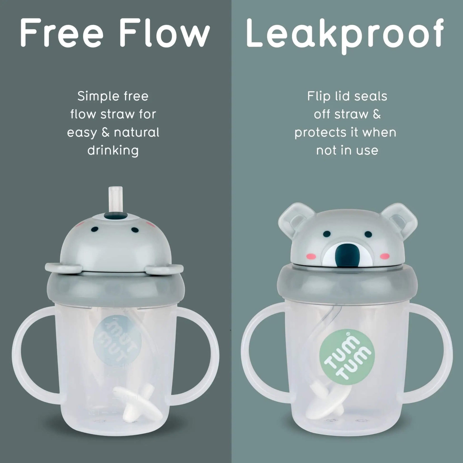 Graphic of a sippy cup showing front and back with free flow straw and leakproof lid on a grey background