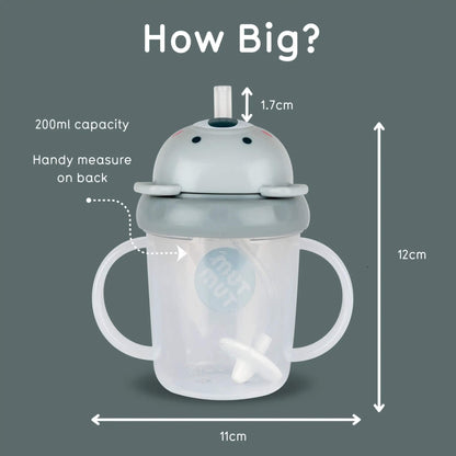 A baby tumbler with a lid and handles shown with measurement annotations reading 11cm width, 12cm height, 1.7cm straw opening, 200ml capacity, and a handy measure on back, under the heading 'How Big?'.