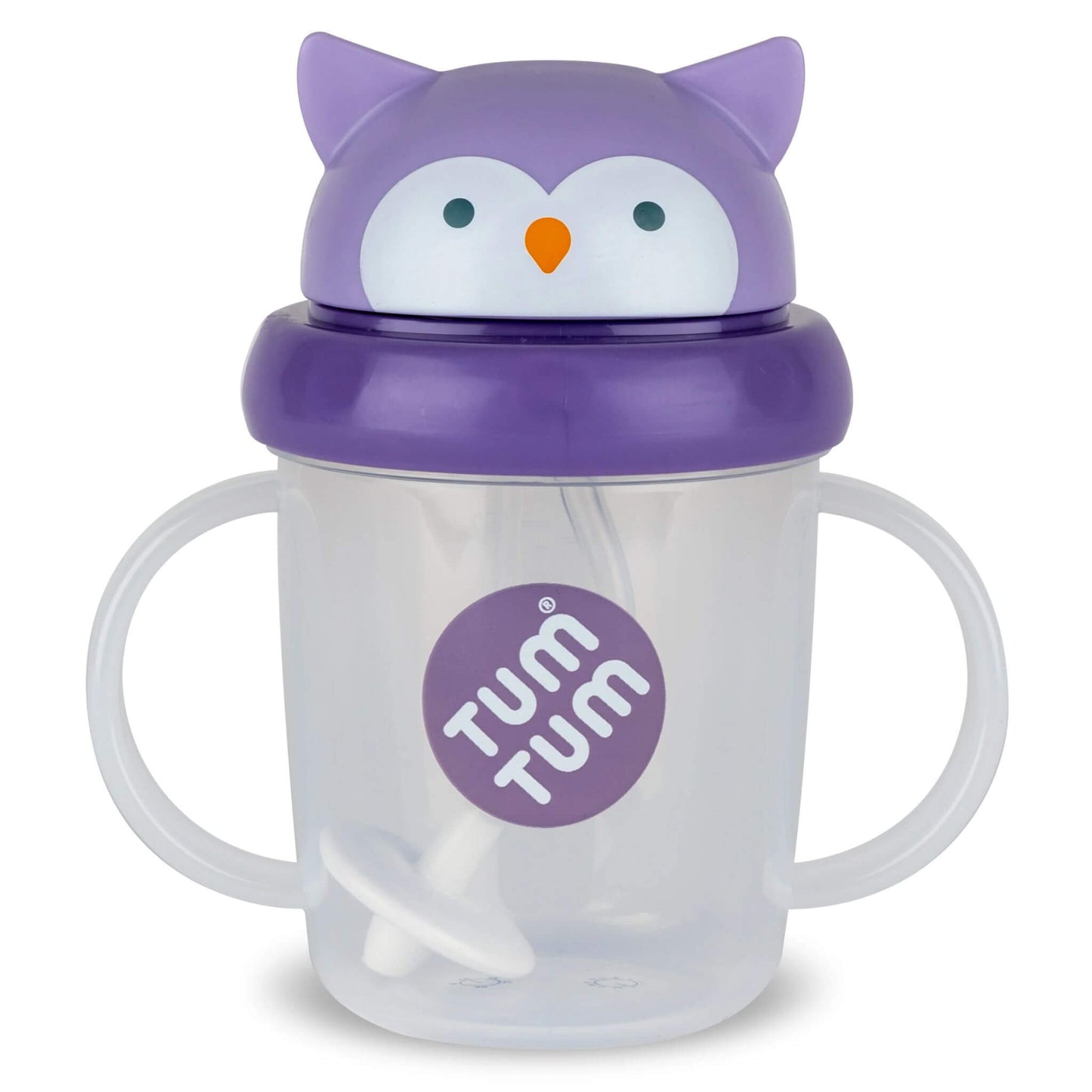 Tum Tum Tippy Up Cup (Olivia Owl) featuring a purple owl-shaped flip-top lid, clear cup body with side handles, and a weighted straw visible inside.