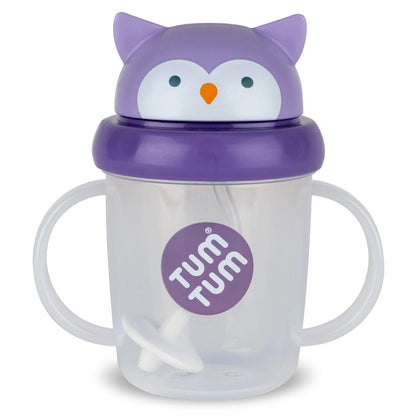 Tum Tum Tippy Up Cup (Olivia Owl) featuring a purple owl-shaped flip-top lid, clear cup body with side handles, and a weighted straw visible inside.