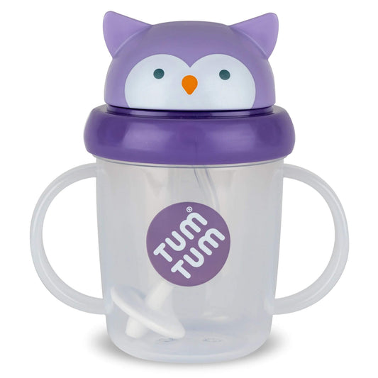 Tum Tum Tippy Up Cup (Olivia Owl) featuring a purple owl-shaped flip-top lid, clear cup body with side handles, and a weighted straw visible inside.