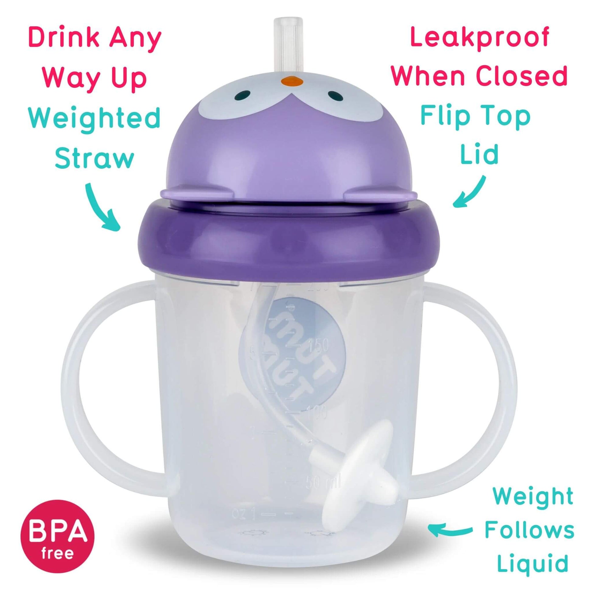 Purple owl-shaped flip-top cup shown with on-image text highlighting drink any way up weighted straw, leakproof when closed lid, BPA-free material, and weight that follows liquid.