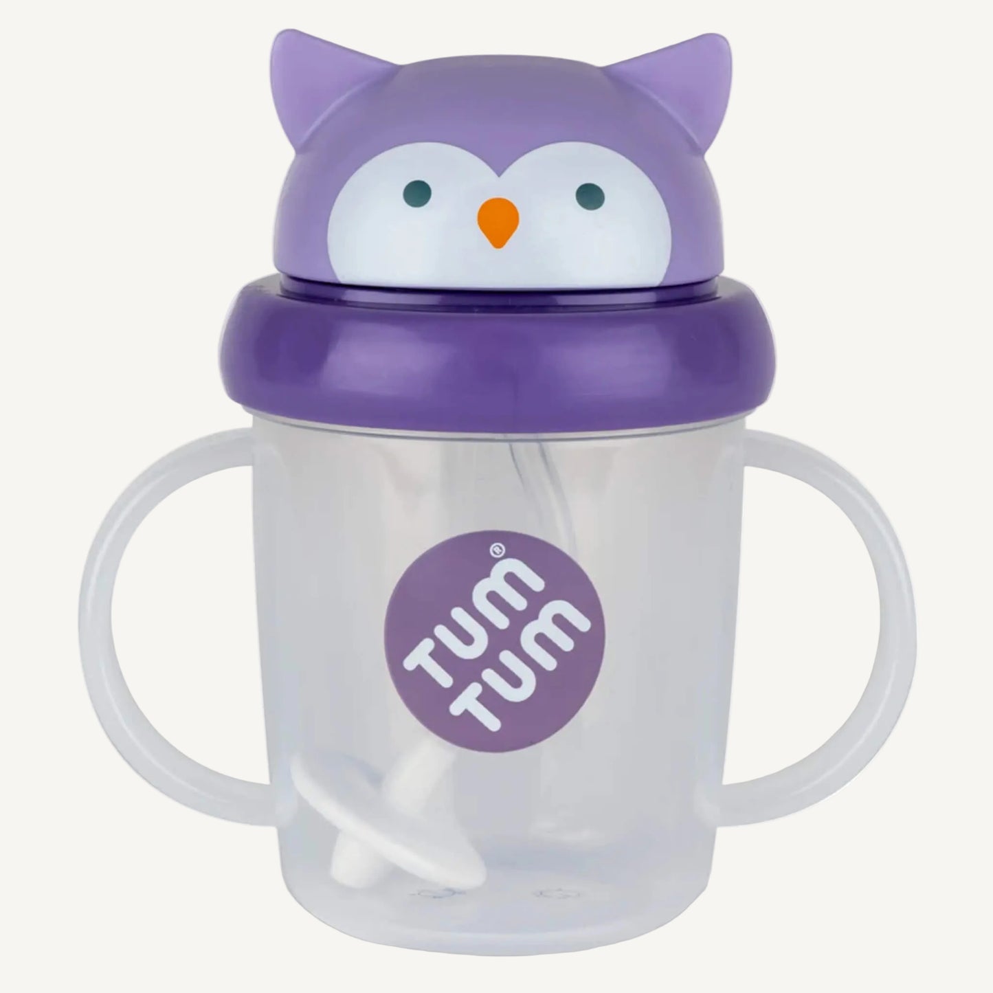 A clear handled sippy cup with a purple flip-top lid, owl character design, and an internal weighted straw visible inside the cup.