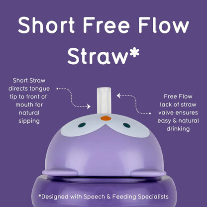 Purple short free flow straw bottle with a penguin face design, shown on a solid purple background with white text and callout arrows explaining the short straw design.