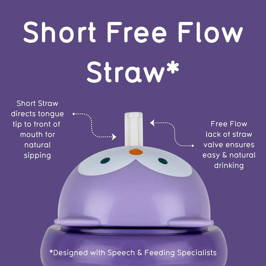 Purple short free flow straw bottle with a penguin face design, shown on a solid purple background with white text and callout arrows explaining the short straw design.