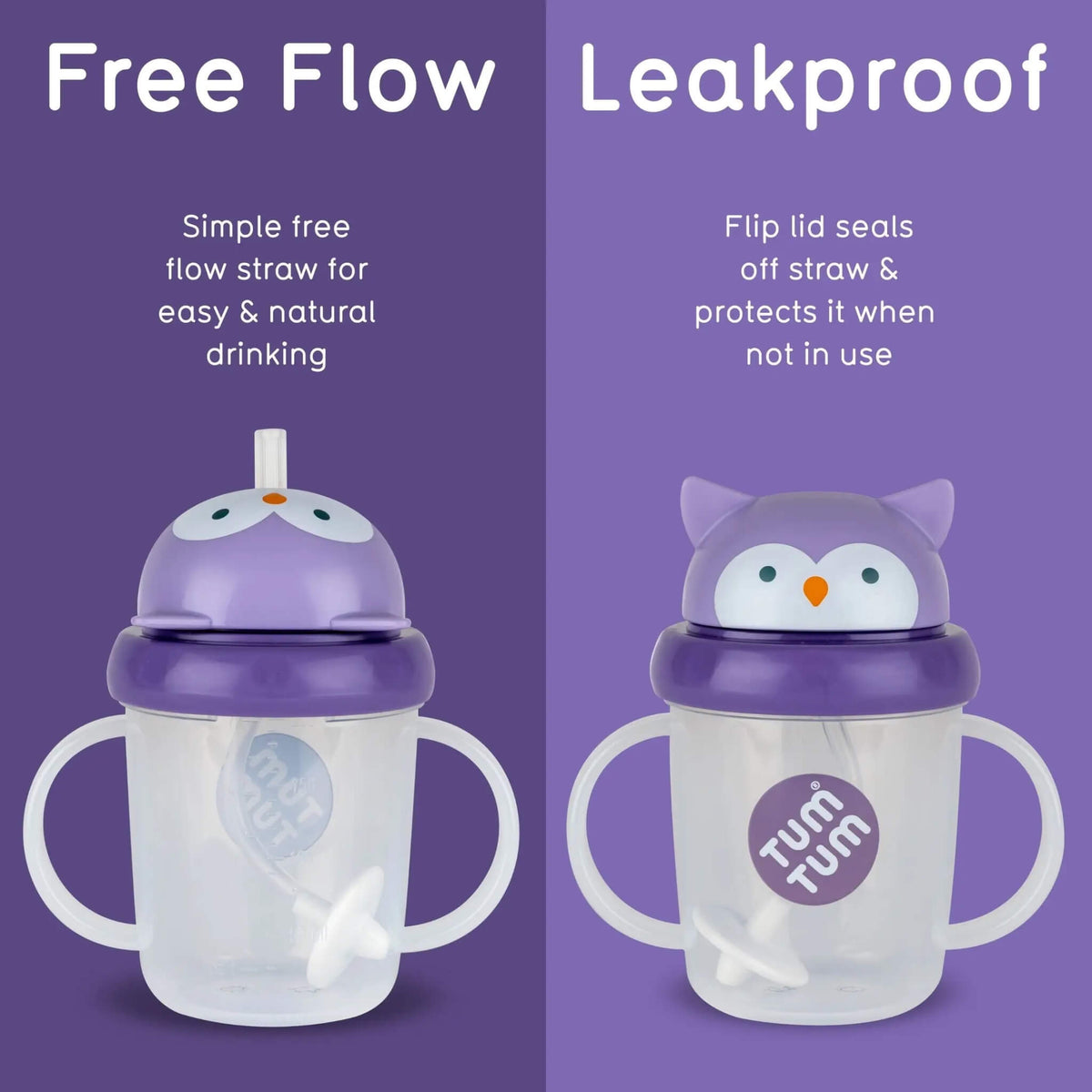 Purple handled straw cup shown open and closed, with a free-flow straw and owl-shaped flip lid that covers and seals the straw.