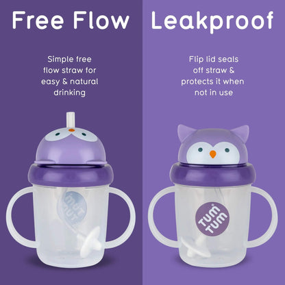 Purple handled straw cup shown open and closed, with a free-flow straw and owl-shaped flip lid that covers and seals the straw.