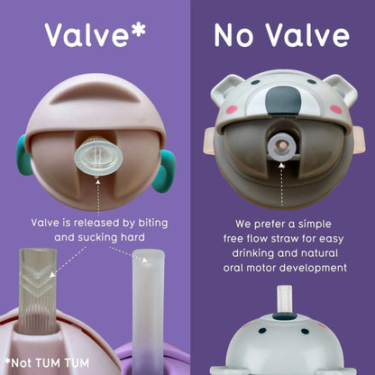 Comparison graphic showing a bite-activated straw valve beside a valve-free straw, designed to allow easier free-flow drinking.