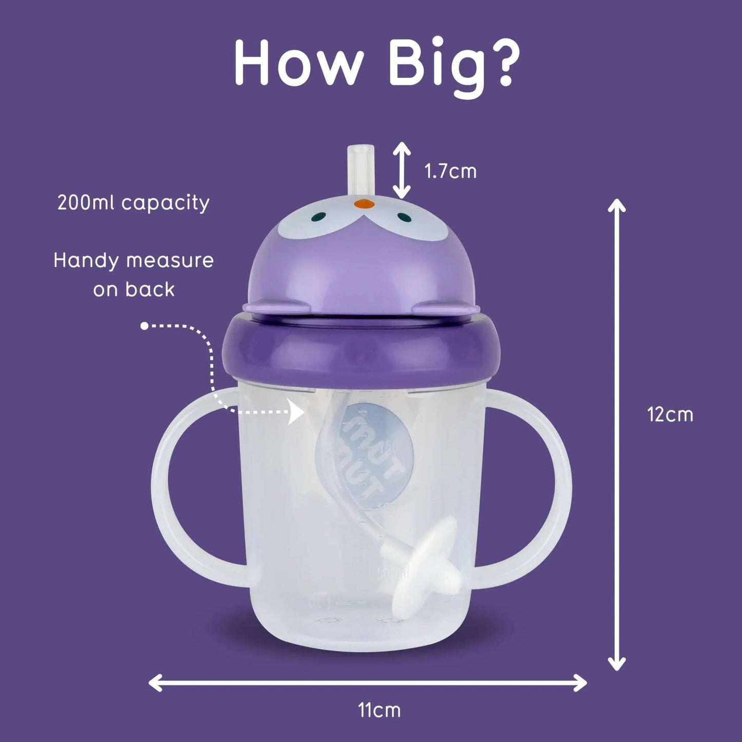Purple sippy cup with measurements on a purple background