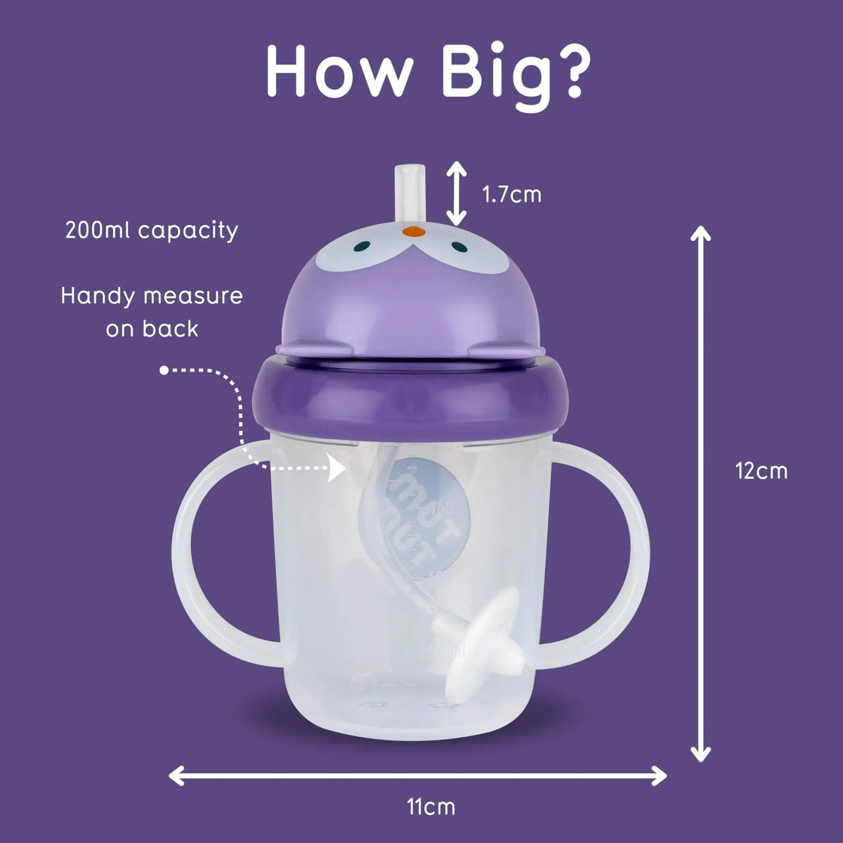 Purple sippy cup with measurements on a purple background