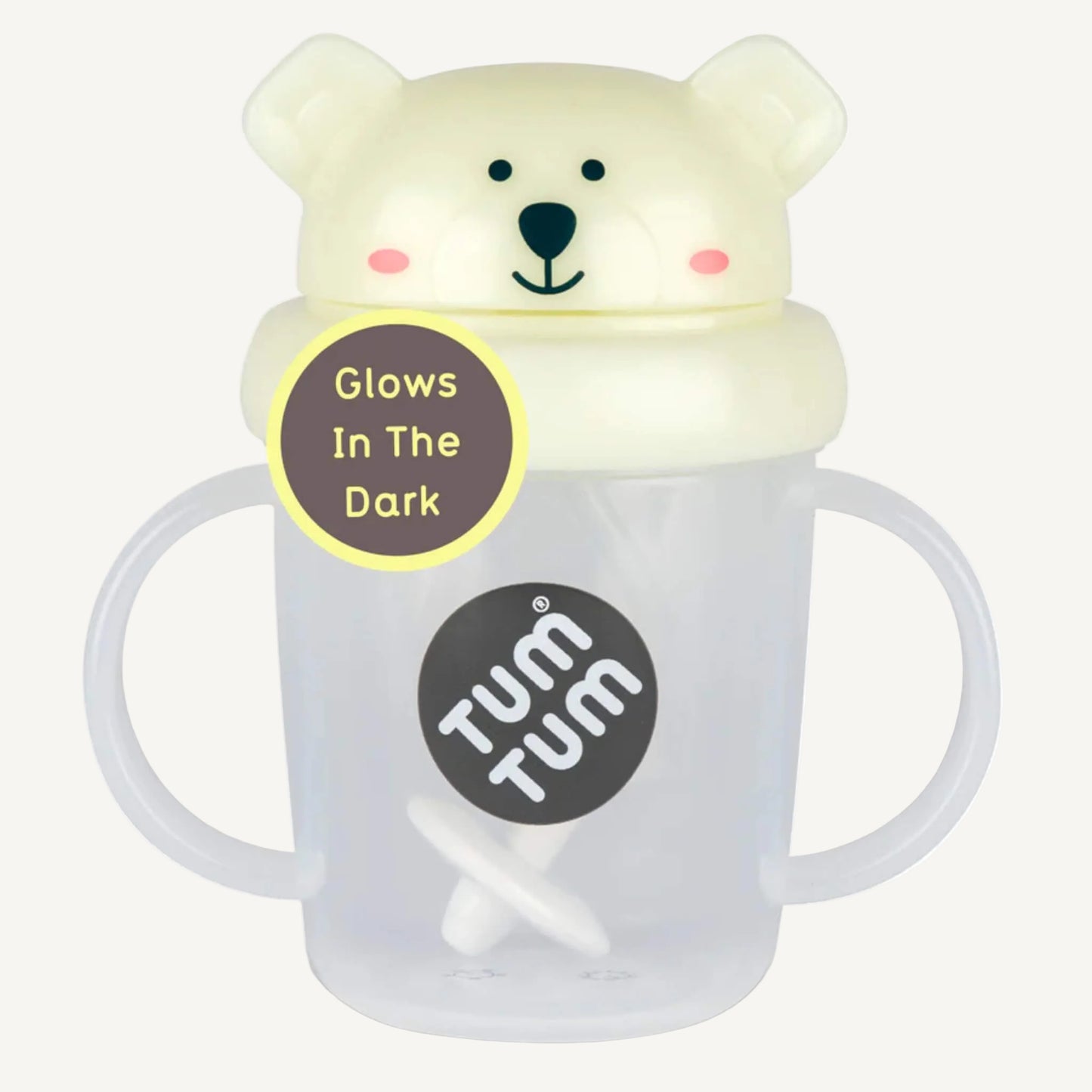 A clear handled sippy cup with a pale glow-in-the-dark flip-top lid, bear character design, and an internal weighted straw visible inside the cup.