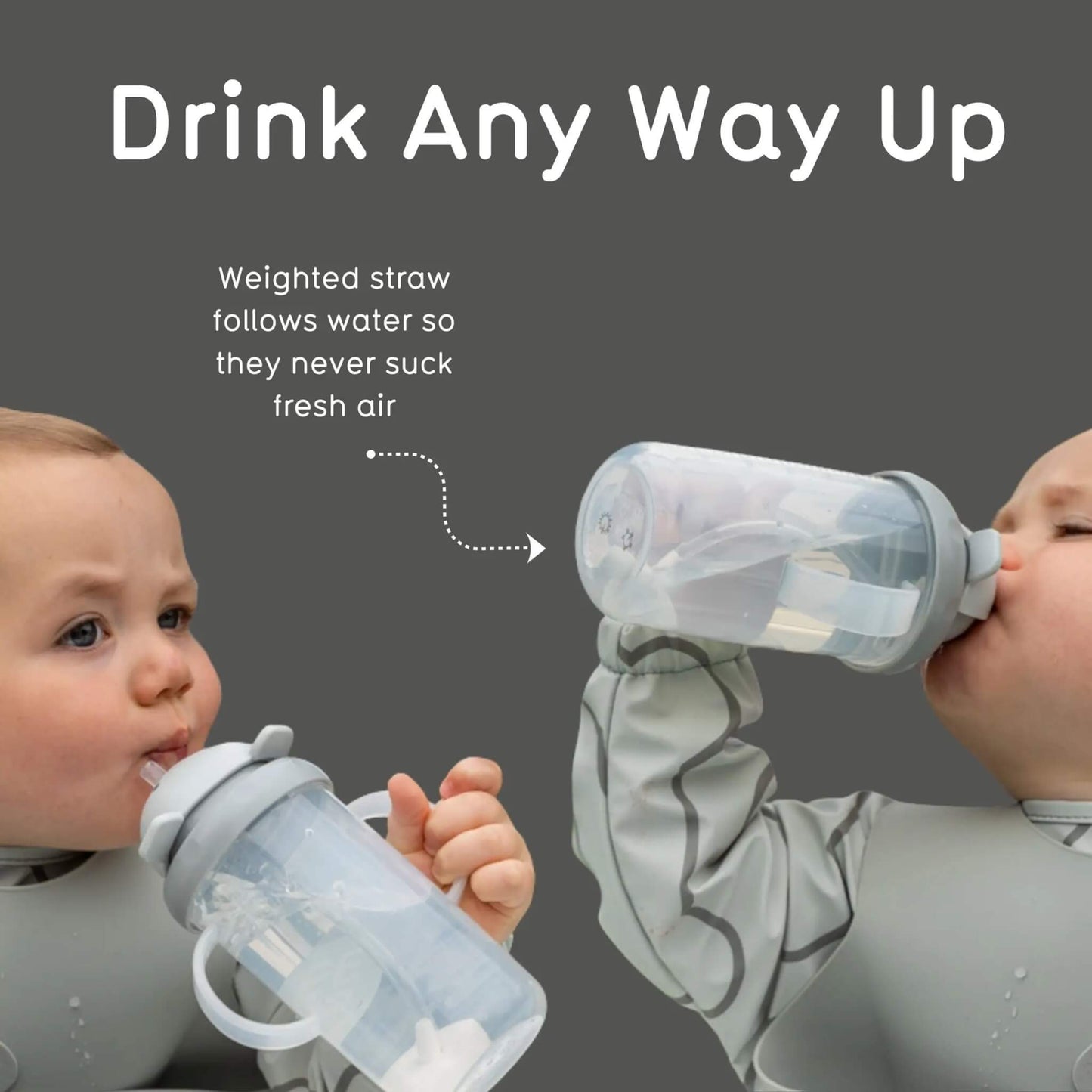 Bottle with weighted straw designed for babies to drink from any angle, on a grey background.