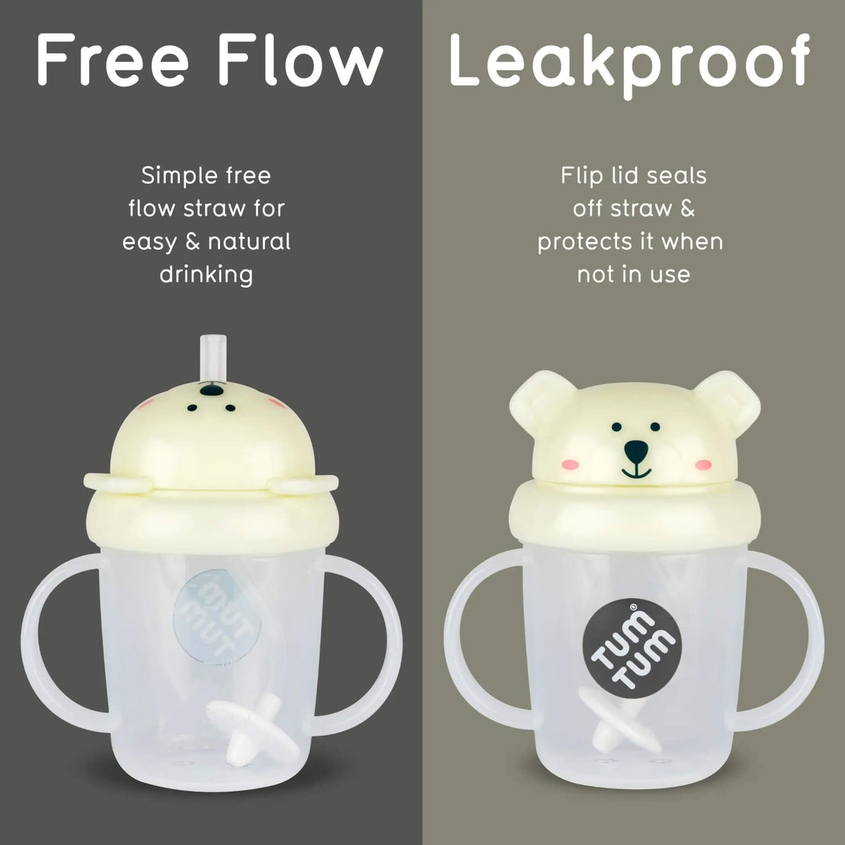 A side-by-side comparison of two TUM TUM sippy cups with handles: the left cup is labelled 'Free Flow' with a pale yellow lid and straw, and the right cup is labelled 'Leakproof' with a bear-face lid that seals off the straw when not in use. The cups are translucent white with pale yellow lids and are shown against a split dark grey and taupe background with explanatory text.