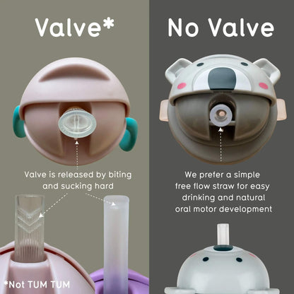 A side-by-side comparison graphic for a child's drinking cup lid, labeled 'Valve*' on the left and 'No Valve*' on the right. The left panel shows a pale pink lid with a clear valve and teal side accents, with text explaining that the valve is released by biting and sucking hard.